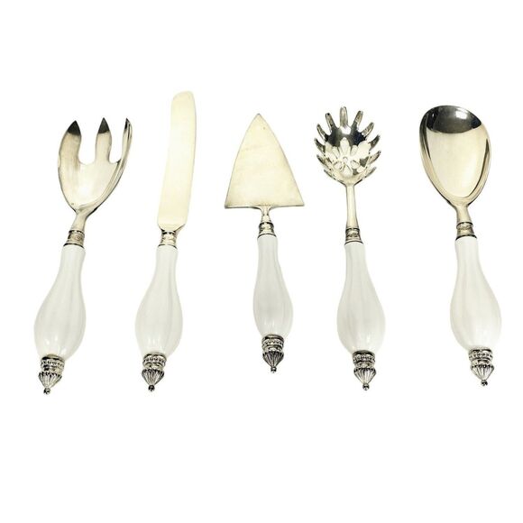 Vintage Godinger Silver Plated White Porcelain Handle Server Utensil 5 Pc. Set - Picture 3 of 11